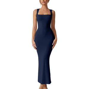 imageQINSEN Womens Square Neck with Lace Detail Long Maxi Dress Sleeveless Lounge Ribbed Full Length DressesNavy