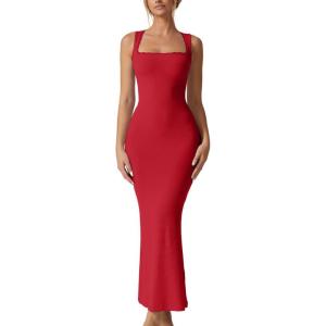 imageQINSEN Womens Square Neck with Lace Detail Long Maxi Dress Sleeveless Lounge Ribbed Full Length DressesRed