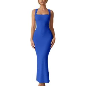 imageQINSEN Womens Square Neck with Lace Detail Long Maxi Dress Sleeveless Lounge Ribbed Full Length DressesStar Sapphire