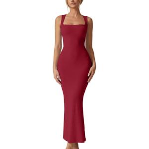 imageQINSEN Womens Square Neck with Lace Detail Long Maxi Dress Sleeveless Lounge Ribbed Full Length DressesWine