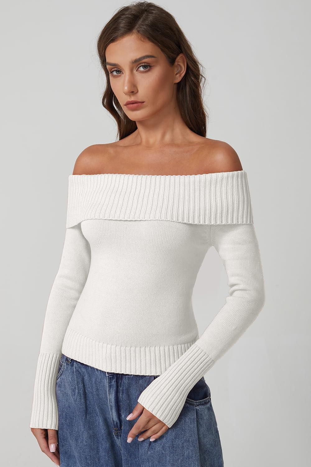 imageQINSEN Off The Shoulder Sweater for Women Long Sleeve Ribbed Knit Pullover Sweater Slim Fit Going Out TopsBeige