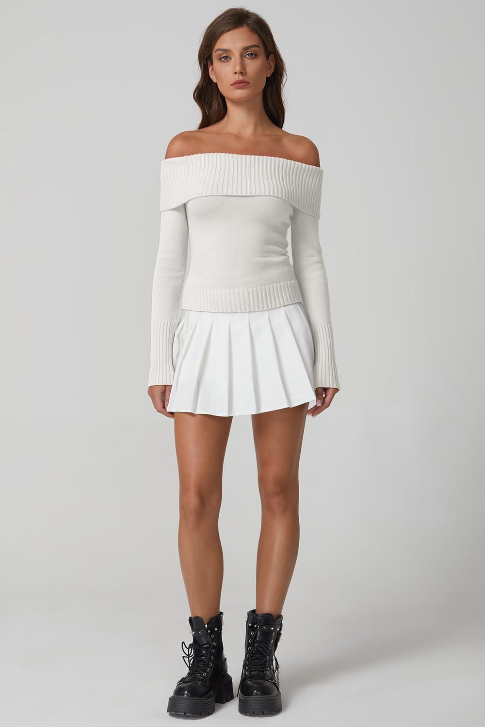 imageQINSEN Off The Shoulder Sweater for Women Long Sleeve Ribbed Knit Pullover Sweater Slim Fit Going Out TopsBeige
