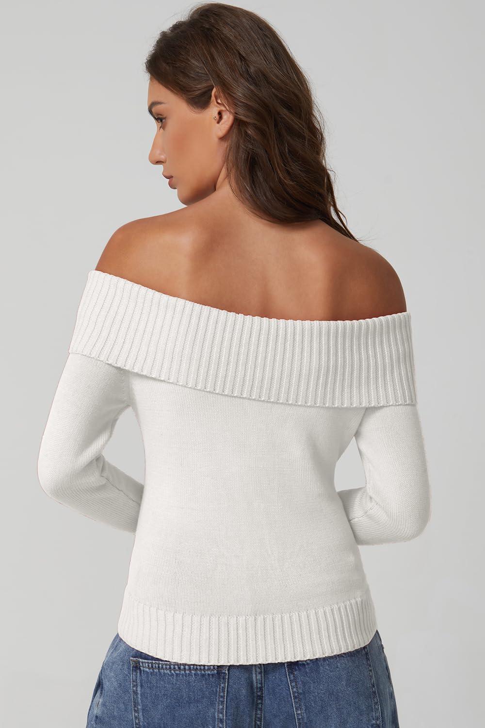 imageQINSEN Off The Shoulder Sweater for Women Long Sleeve Ribbed Knit Pullover Sweater Slim Fit Going Out TopsBeige
