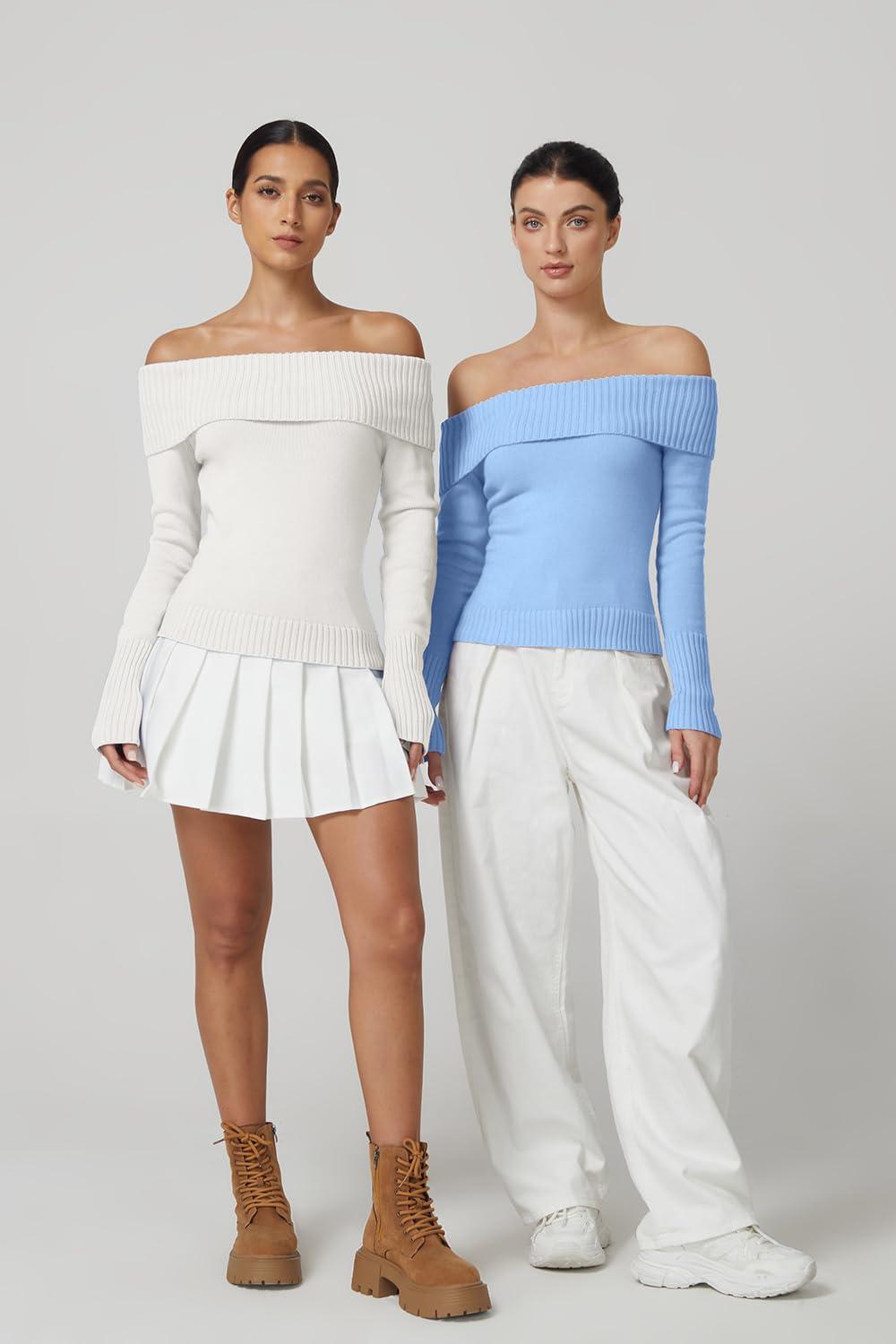 imageQINSEN Off The Shoulder Sweater for Women Long Sleeve Ribbed Knit Pullover Sweater Slim Fit Going Out TopsBeige