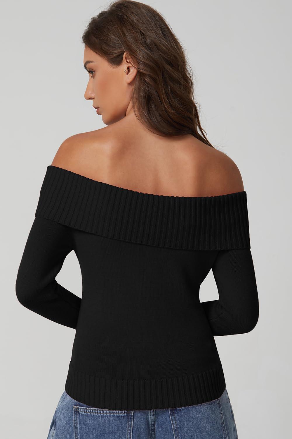 imageQINSEN Off The Shoulder Sweater for Women Long Sleeve Ribbed Knit Pullover Sweater Slim Fit Going Out TopsBlack