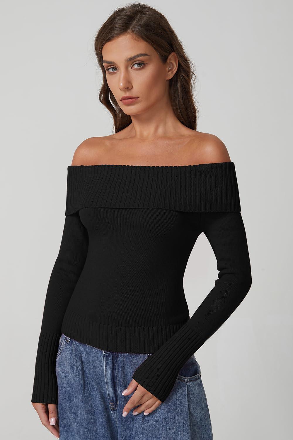 imageQINSEN Off The Shoulder Sweater for Women Long Sleeve Ribbed Knit Pullover Sweater Slim Fit Going Out TopsBlack