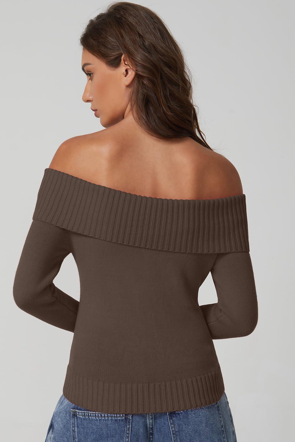 imageQINSEN Off The Shoulder Sweater for Women Long Sleeve Ribbed Knit Pullover Sweater Slim Fit Going Out TopsBrown