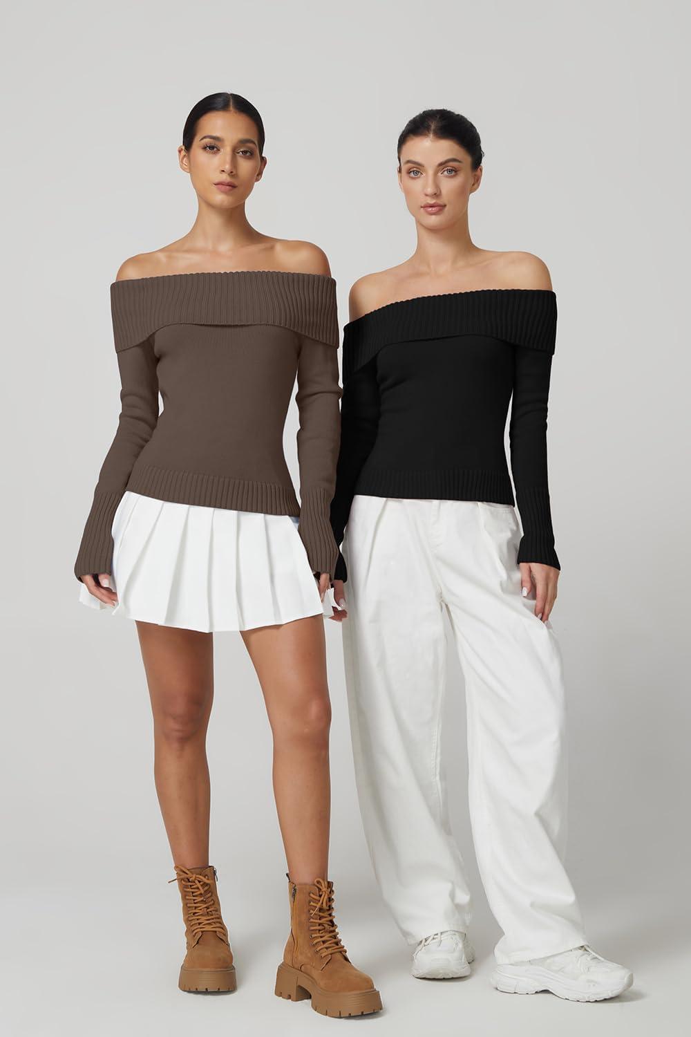 imageQINSEN Off The Shoulder Sweater for Women Long Sleeve Ribbed Knit Pullover Sweater Slim Fit Going Out TopsBrown