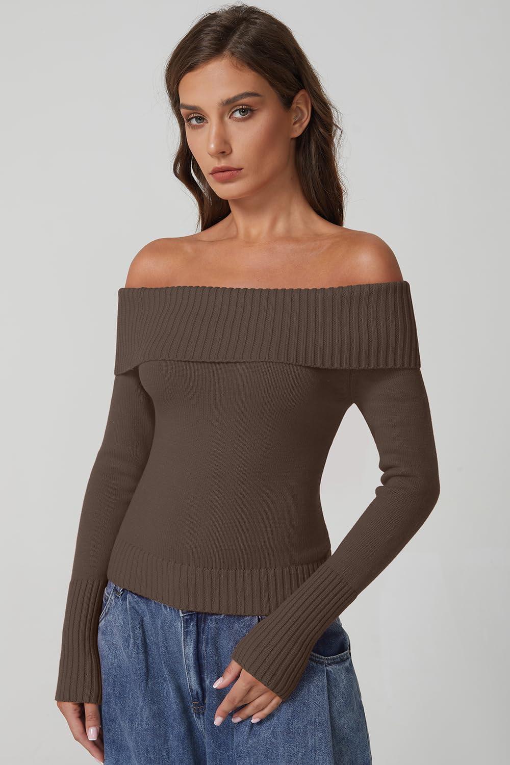 imageQINSEN Off The Shoulder Sweater for Women Long Sleeve Ribbed Knit Pullover Sweater Slim Fit Going Out TopsBrown