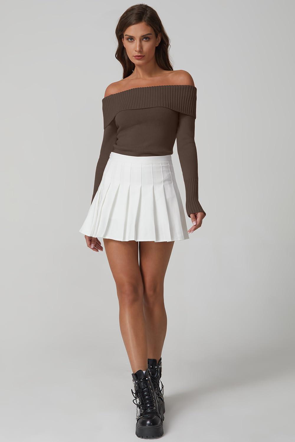 imageQINSEN Off The Shoulder Sweater for Women Long Sleeve Ribbed Knit Pullover Sweater Slim Fit Going Out TopsBrown