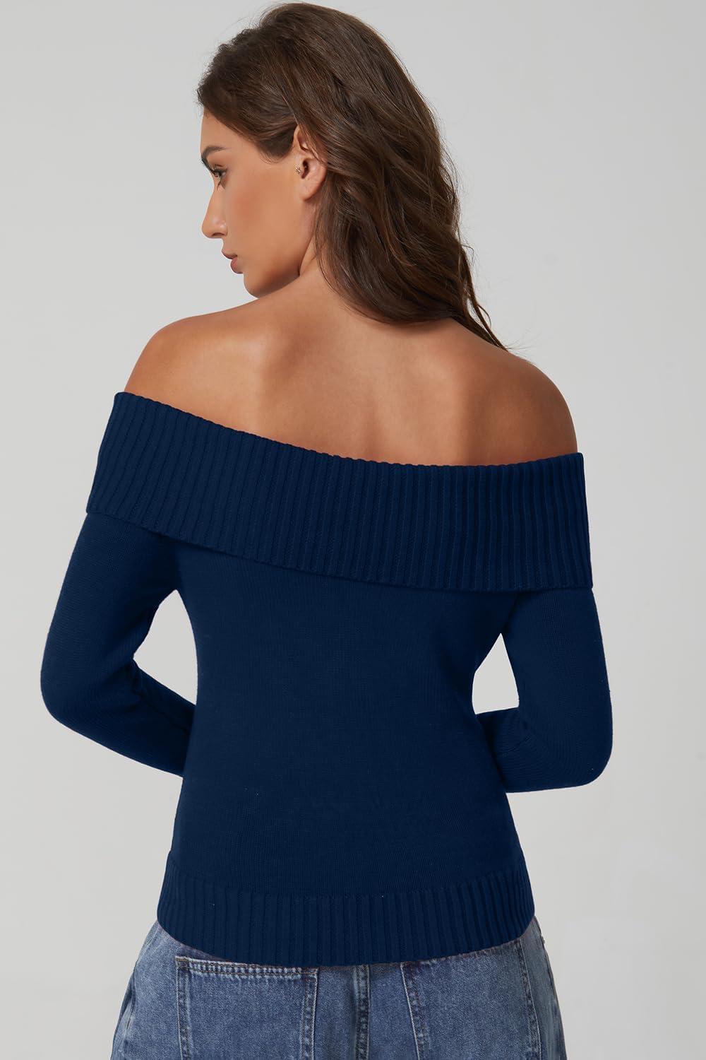 imageQINSEN Off The Shoulder Sweater for Women Long Sleeve Ribbed Knit Pullover Sweater Slim Fit Going Out TopsNavy