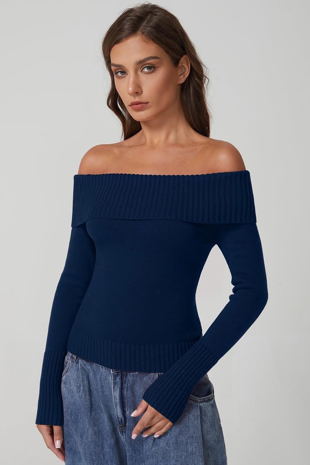 imageQINSEN Off The Shoulder Sweater for Women Long Sleeve Ribbed Knit Pullover Sweater Slim Fit Going Out TopsNavy