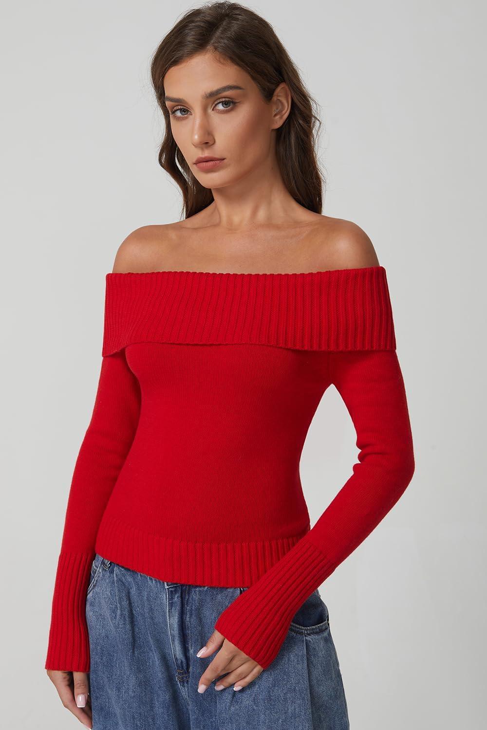 imageQINSEN Off The Shoulder Sweater for Women Long Sleeve Ribbed Knit Pullover Sweater Slim Fit Going Out TopsRed