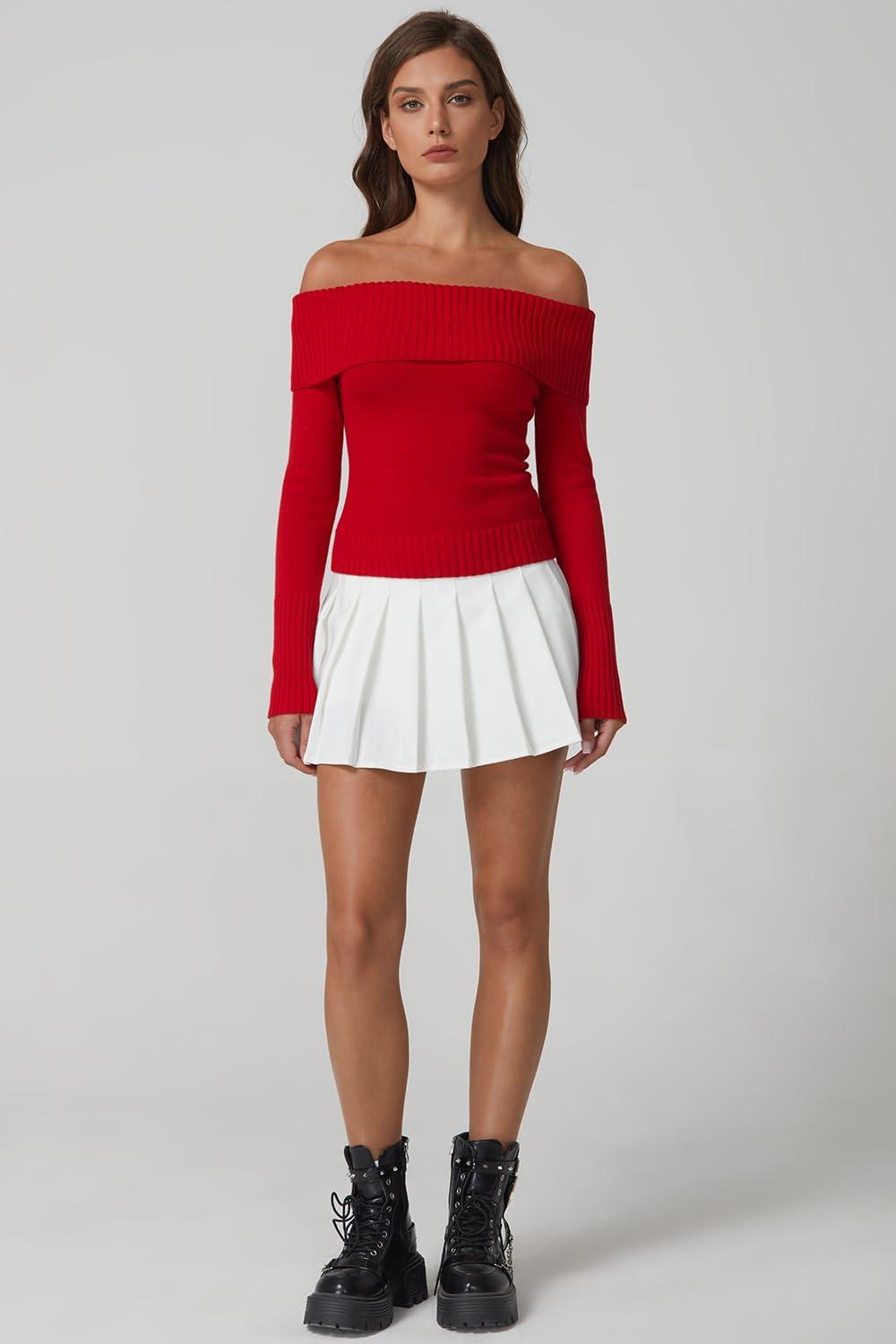 imageQINSEN Off The Shoulder Sweater for Women Long Sleeve Ribbed Knit Pullover Sweater Slim Fit Going Out TopsRed