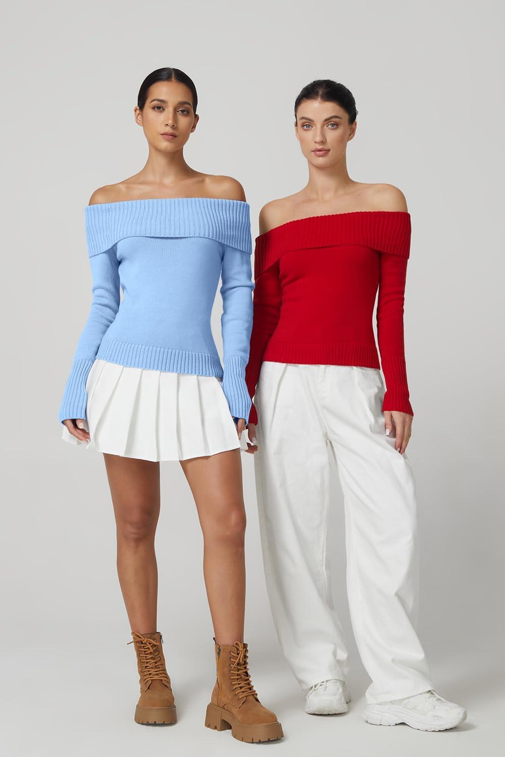 imageQINSEN Off The Shoulder Sweater for Women Long Sleeve Ribbed Knit Pullover Sweater Slim Fit Going Out TopsRed