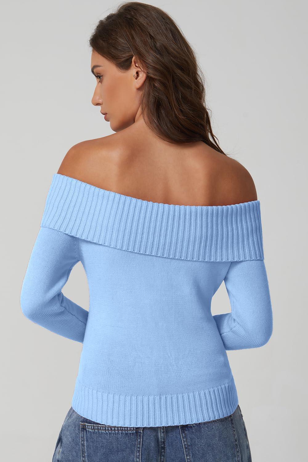 imageQINSEN Off The Shoulder Sweater for Women Long Sleeve Ribbed Knit Pullover Sweater Slim Fit Going Out TopsSky Blue