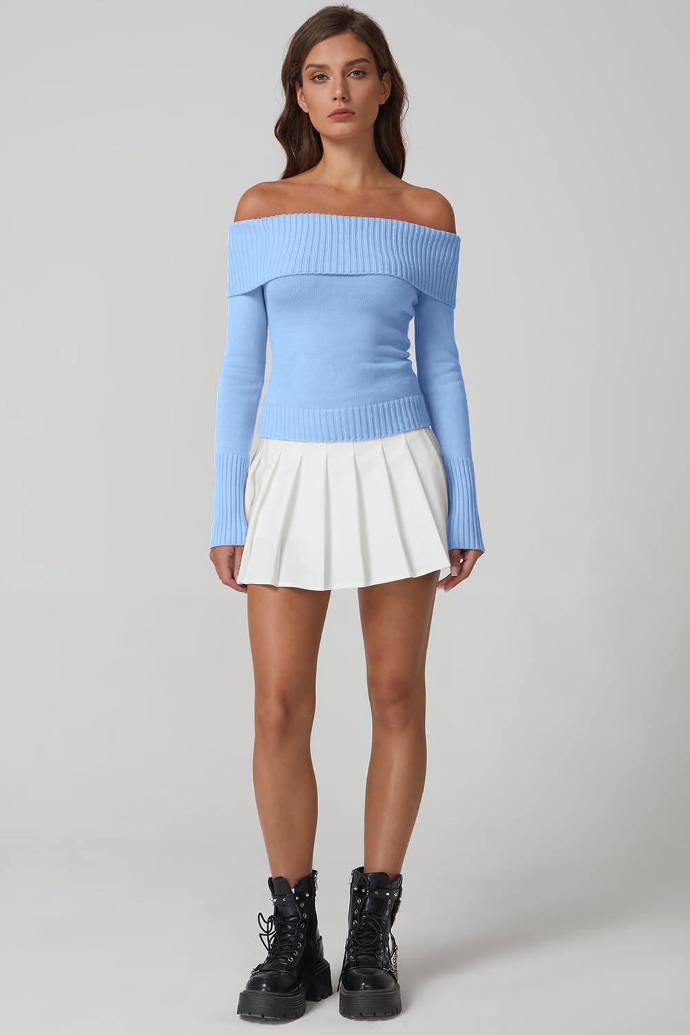 imageQINSEN Off The Shoulder Sweater for Women Long Sleeve Ribbed Knit Pullover Sweater Slim Fit Going Out TopsSky Blue