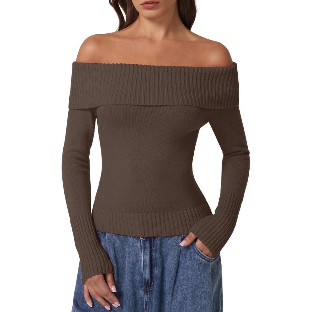 imageQINSEN Off The Shoulder Sweater for Women Long Sleeve Ribbed Knit Pullover Sweater Slim Fit Going Out TopsBrown