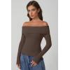 imageQINSEN Cotton Off The Shoulder Sweater for Women Long Sleeve Ribbed Knit Pullover Sweater Slim Fit Going Out TopsBrown