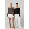 imageQINSEN Cotton Off The Shoulder Sweater for Women Long Sleeve Ribbed Knit Pullover Sweater Slim Fit Going Out TopsBrown