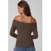 imageQINSEN Cotton Off The Shoulder Sweater for Women Long Sleeve Ribbed Knit Pullover Sweater Slim Fit Going Out TopsBrown