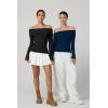 imageQINSEN Cotton Off The Shoulder Sweater for Women Long Sleeve Ribbed Knit Pullover Sweater Slim Fit Going Out TopsNavy