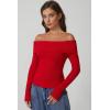 imageQINSEN Cotton Off The Shoulder Sweater for Women Long Sleeve Ribbed Knit Pullover Sweater Slim Fit Going Out TopsRed