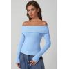 imageQINSEN Cotton Off The Shoulder Sweater for Women Long Sleeve Ribbed Knit Pullover Sweater Slim Fit Going Out TopsSky Blue