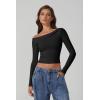 imageQINSEN Women Long Sleeve Off Shoulder Tops Trendy Double Lined Going Out Shirt for FallBlack
