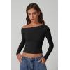 imageQINSEN Women Long Sleeve Off Shoulder Tops Trendy Double Lined Going Out Shirt for FallBlack