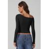 imageQINSEN Women Long Sleeve Off Shoulder Tops Trendy Double Lined Going Out Shirt for FallBlack