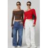 imageQINSEN Women Long Sleeve Off Shoulder Tops Trendy Double Lined Going Out Shirt for FallBrown