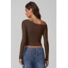 imageQINSEN Women Long Sleeve Off Shoulder Tops Trendy Double Lined Going Out Shirt for FallBrown