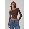 imageQINSEN Women Long Sleeve Off Shoulder Tops Trendy Double Lined Going Out Shirt for FallBrown