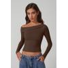 imageQINSEN Women Long Sleeve Off Shoulder Tops Trendy Double Lined Going Out Shirt for FallBrown