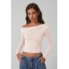 imageQINSEN Women Long Sleeve Off Shoulder Tops Trendy Double Lined Going Out Shirt for FallPink
