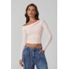 imageQINSEN Women Long Sleeve Off Shoulder Tops Trendy Double Lined Going Out Shirt for FallPink