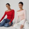 imageQINSEN Women Long Sleeve Off Shoulder Tops Trendy Double Lined Going Out Shirt for FallRed