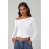 imageQINSEN Women Long Sleeve Off Shoulder Tops Trendy Double Lined Going Out Shirt for FallWhite