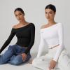 imageQINSEN Women Long Sleeve Off Shoulder Tops Trendy Double Lined Going Out Shirt for FallWhite