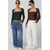 imageQINSEN Womens Square Neck Long Sleeve Tops Double Lined Slim Fit Going Out Tee Shirt Crop TopBlack
