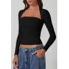 imageQINSEN Womens Square Neck Long Sleeve Tops Double Lined Slim Fit Going Out Tee Shirt Crop TopBlack