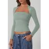 imageQINSEN Womens Square Neck Long Sleeve Tops Double Lined Slim Fit Going Out Tee Shirt Crop TopGreen
