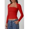 imageQINSEN Womens Square Neck Long Sleeve Tops Double Lined Slim Fit Going Out Tee Shirt Crop TopRed