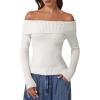 imageQINSEN Cotton Off The Shoulder Sweater for Women Long Sleeve Ribbed Knit Pullover Sweater Slim Fit Going Out TopsBeige