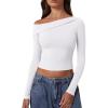 imageQINSEN Women Long Sleeve Off Shoulder Tops Trendy Double Lined Going Out Shirt for FallWhite