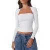 imageQINSEN Womens Square Neck Long Sleeve Tops Double Lined Slim Fit Going Out Tee Shirt Crop TopWhite