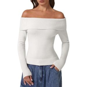 imageQINSEN Cotton Off The Shoulder Sweater for Women Long Sleeve Ribbed Knit Pullover Sweater Slim Fit Going Out TopsBeige