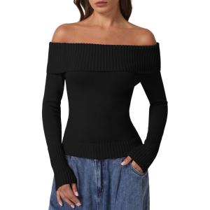 imageQINSEN Cotton Off The Shoulder Sweater for Women Long Sleeve Ribbed Knit Pullover Sweater Slim Fit Going Out TopsBlack