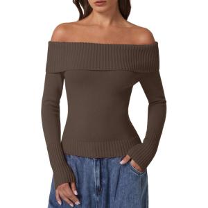 imageQINSEN Cotton Off The Shoulder Sweater for Women Long Sleeve Ribbed Knit Pullover Sweater Slim Fit Going Out TopsBrown